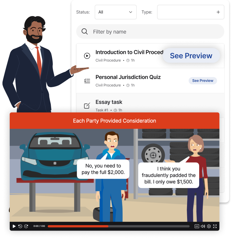 Quimbee SideBar Videos course overview showing video lessons, quizzes, and essay tasks